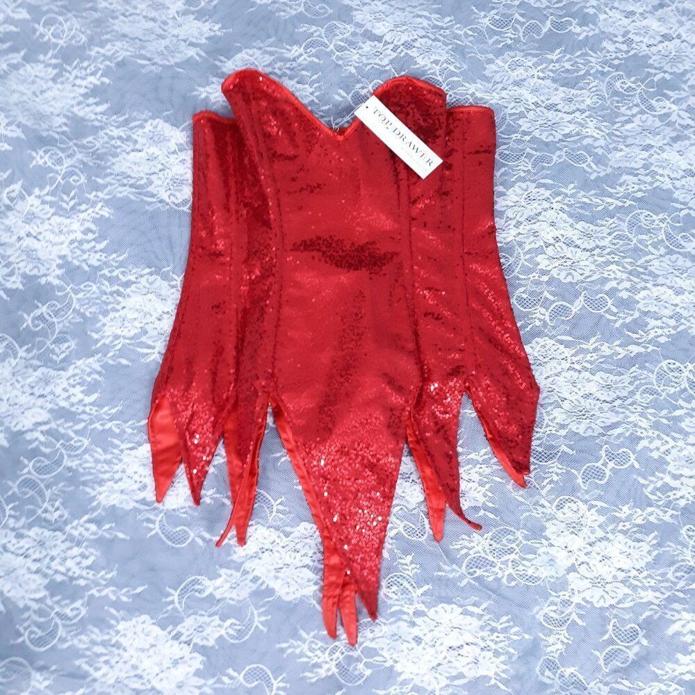 31-34 XL Red Satin Sequin Mesh Goth Burlesque Corset Mini Dress Festival Outfit